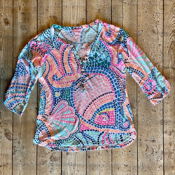 Lilly Pulitzer Linen Egret Tile Wave Henley Tunic Top Size Small - Picture 3 of 7